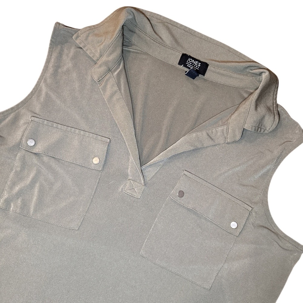 Jones New York Sleeveless Top Women XL Olive Green V-Neck Pocket Shimmer Earthy